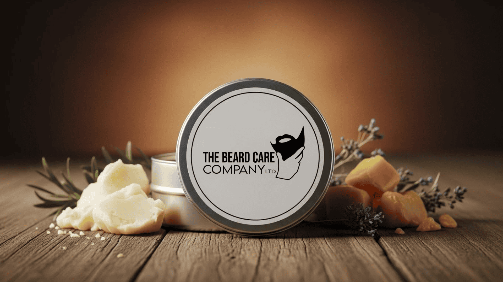 The Beard Care Company's Butter balm on a wooden surface with natural ingredients