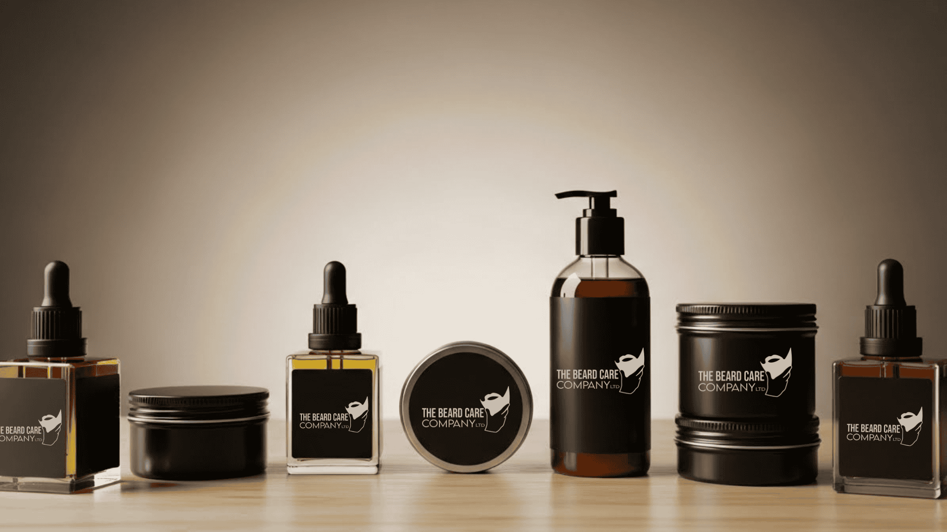 Collection of The Beard Care Company products on a wooden surface with a neutral background