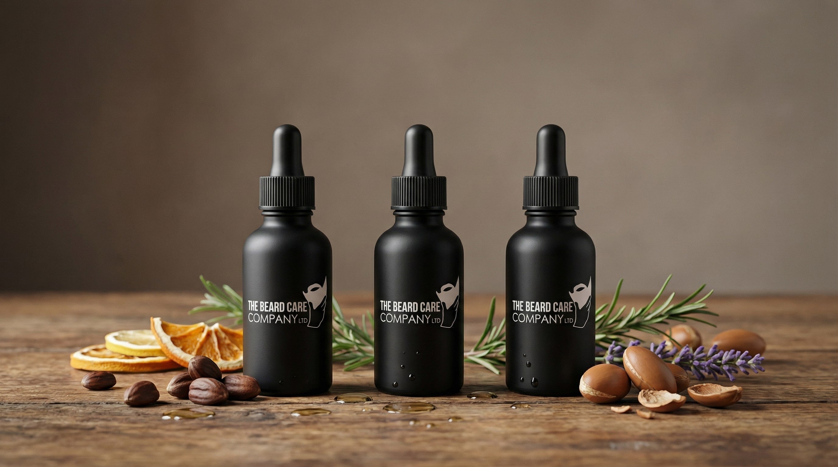 Three black beard boils from 'The Beard Care Company' on a wooden surface with herbs and nuts.
