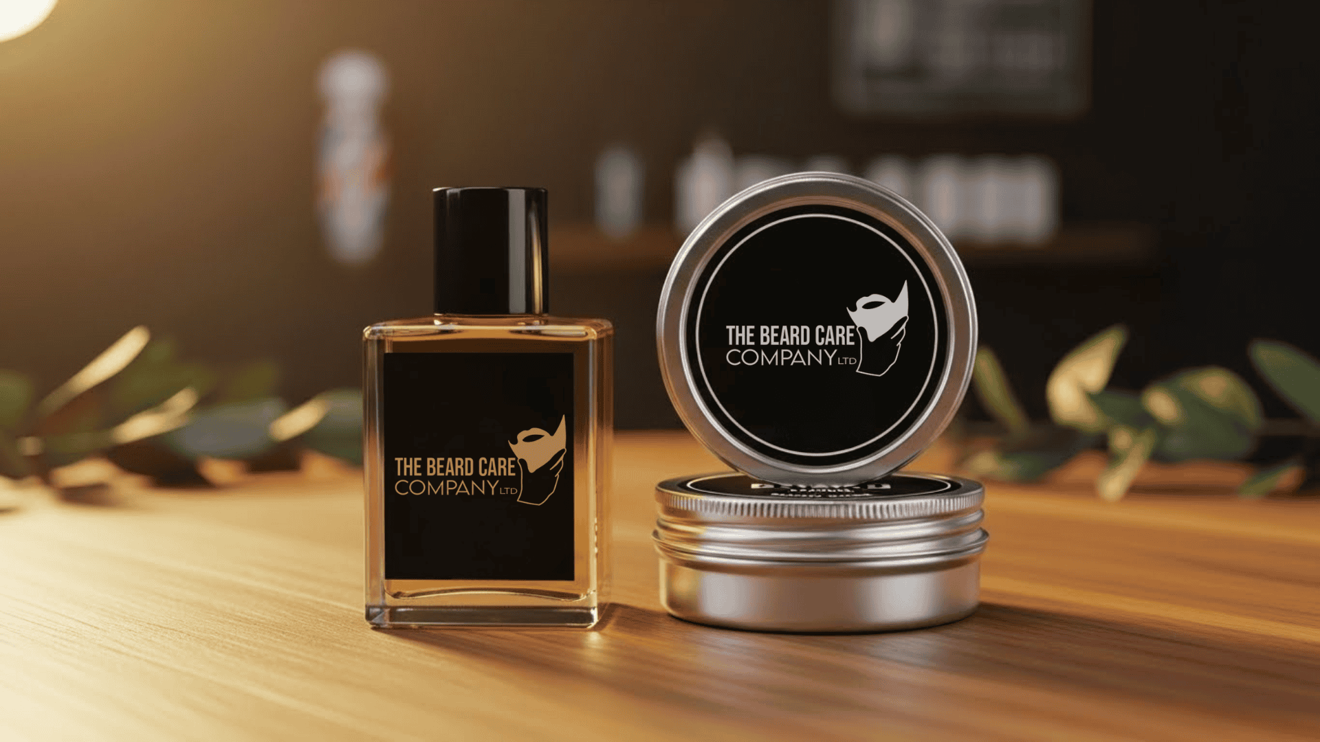 The Beard Care Company Beard Oil and Beard Balm on a wooden surface with a blurred background