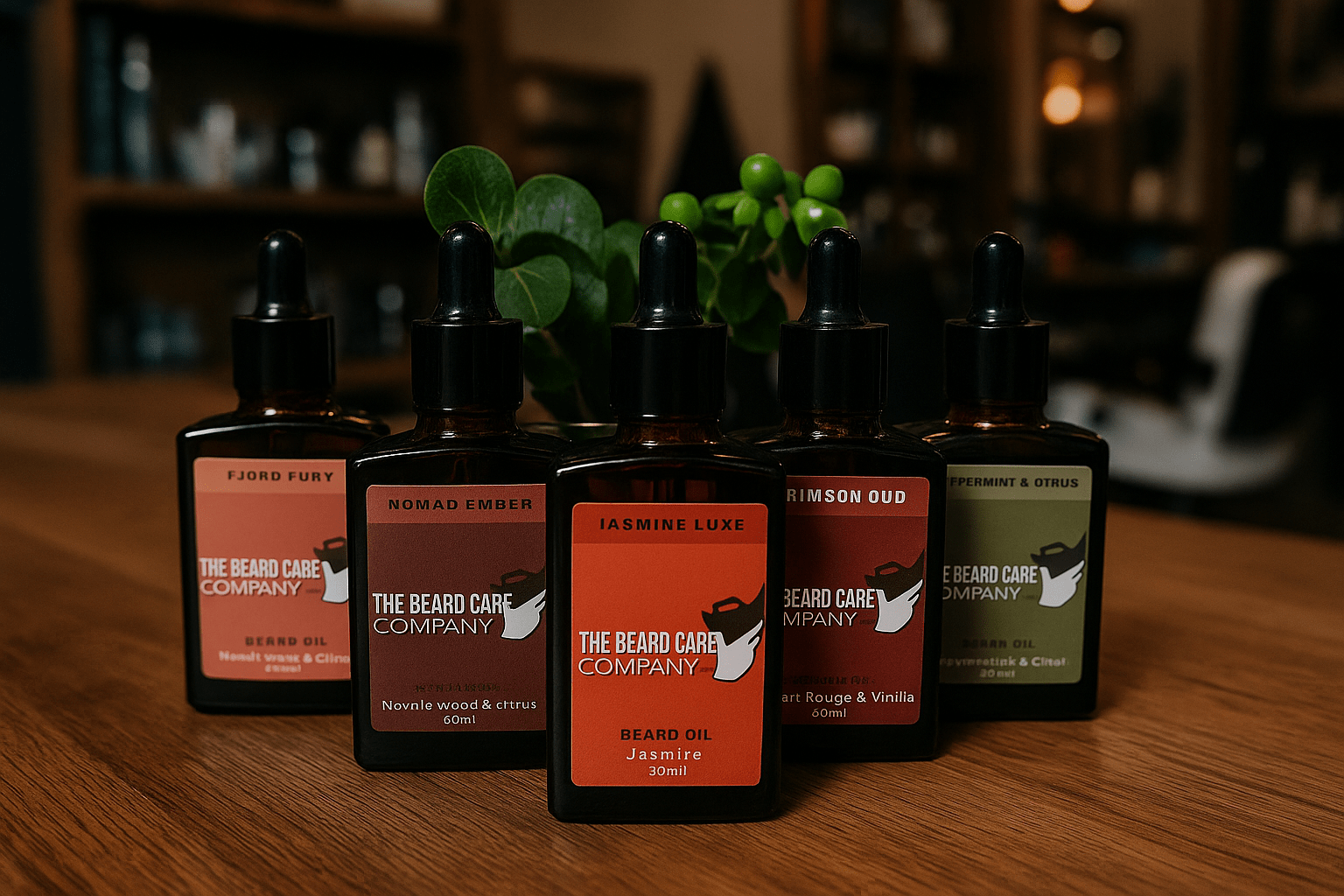Collection of beard oil  care products on a wooden surface with a blurred background