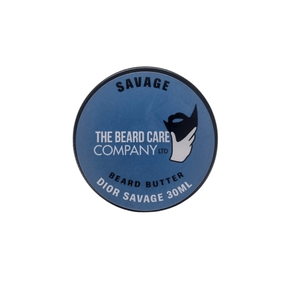 Beard care product label with 'Savage The Beard Care Company' branding on a blue background